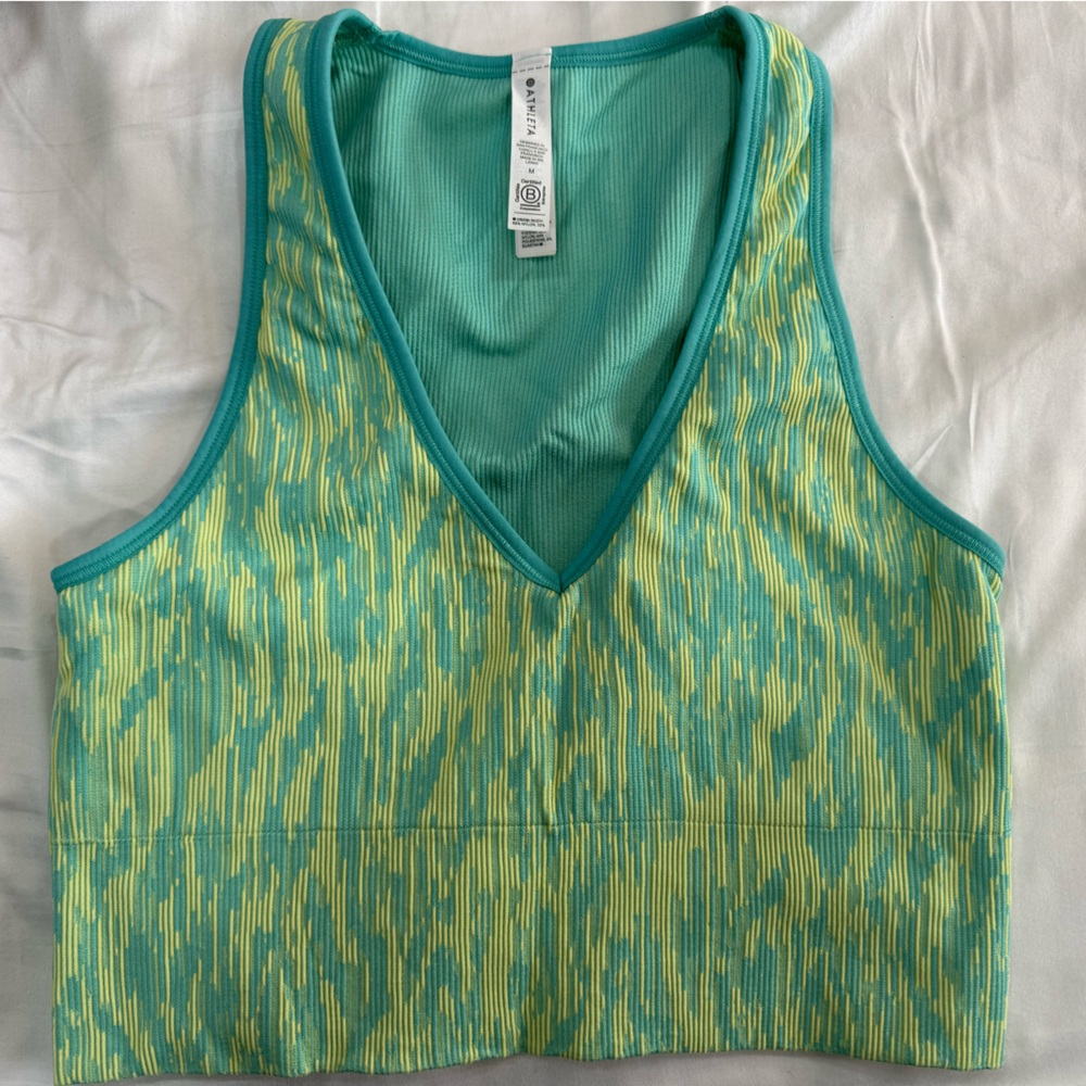 Athleta Teal and Yellow Aurora seamless crop rib tank